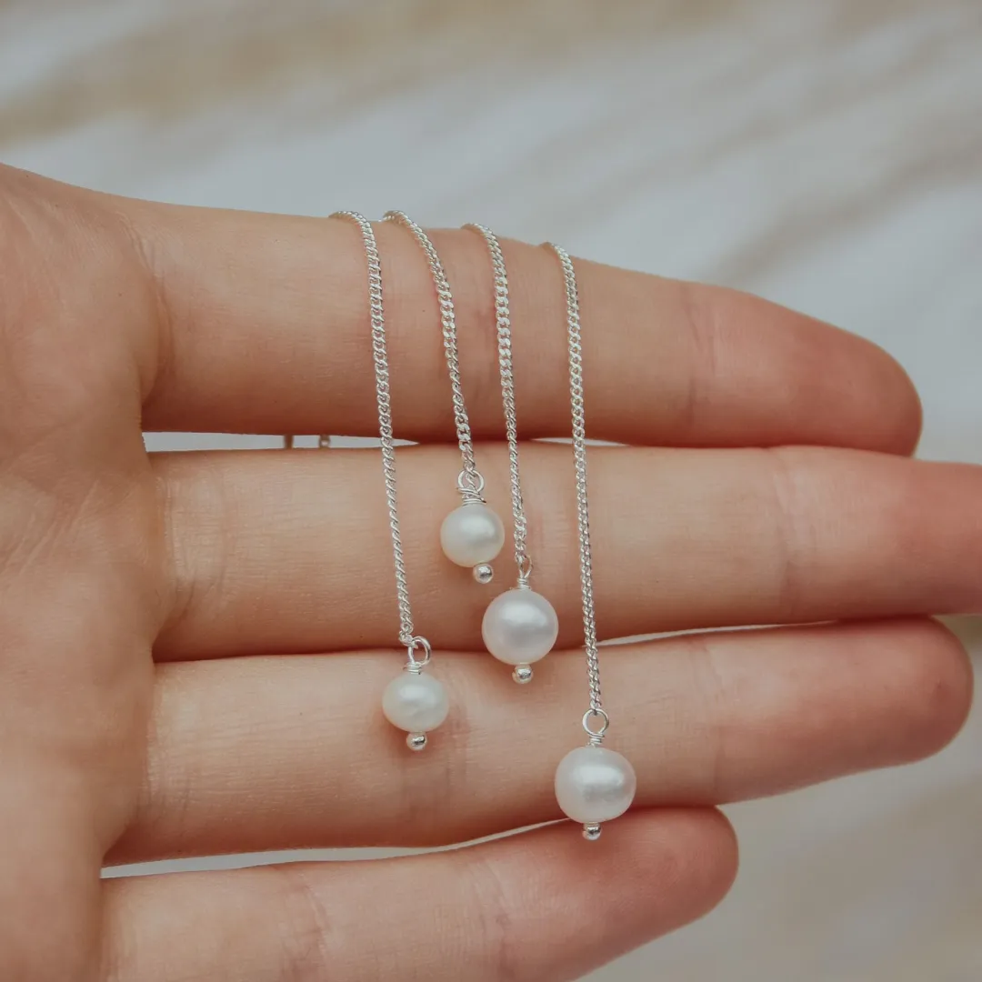 Silver Perle White Fresh Water Pearl 6mm Thread Earrings