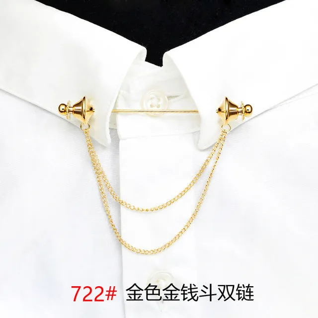 Simple Personality Gold Color Pins Brooches Metal Chain Tassel Shirt Collar Lapel Pin