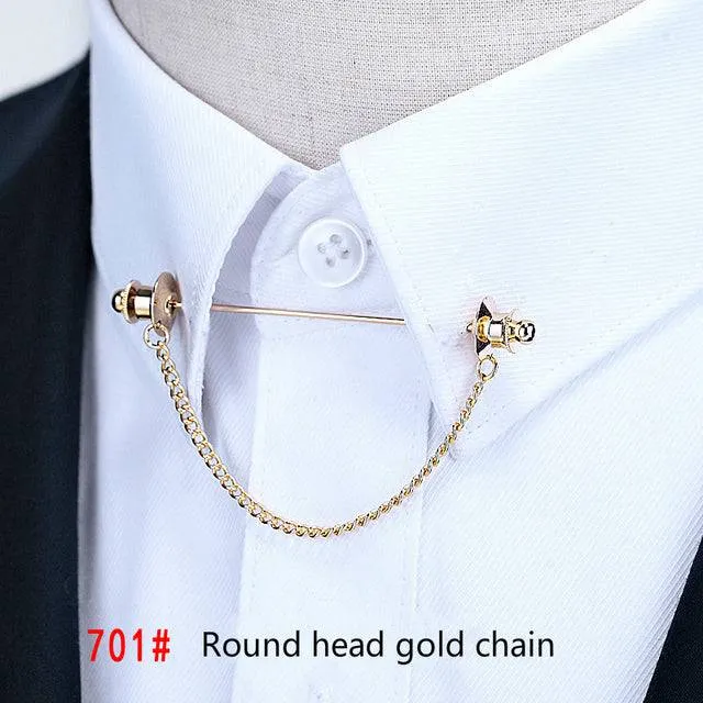 Simple Personality Gold Color Pins Brooches Metal Chain Tassel Shirt Collar Lapel Pin
