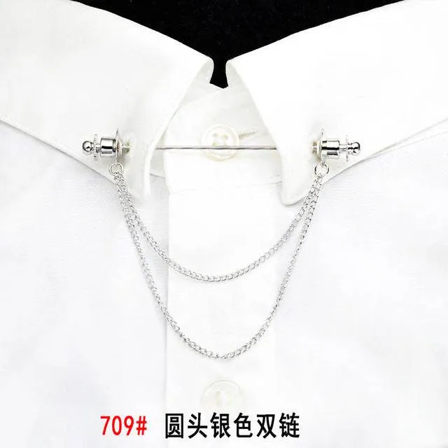 Simple Personality Gold Color Pins Brooches Metal Chain Tassel Shirt Collar Lapel Pin
