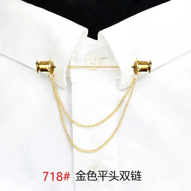 Simple Personality Gold Color Pins Brooches Metal Chain Tassel Shirt Collar Lapel Pin