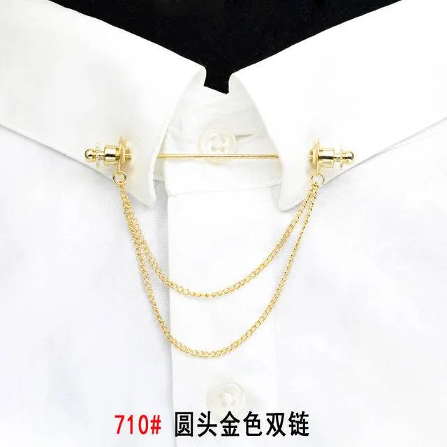 Simple Personality Gold Color Pins Brooches Metal Chain Tassel Shirt Collar Lapel Pin