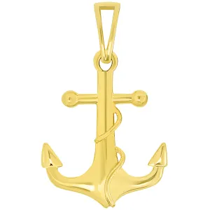 Solid 14k Yellow Gold Maritime Anchor with Rope Pendant