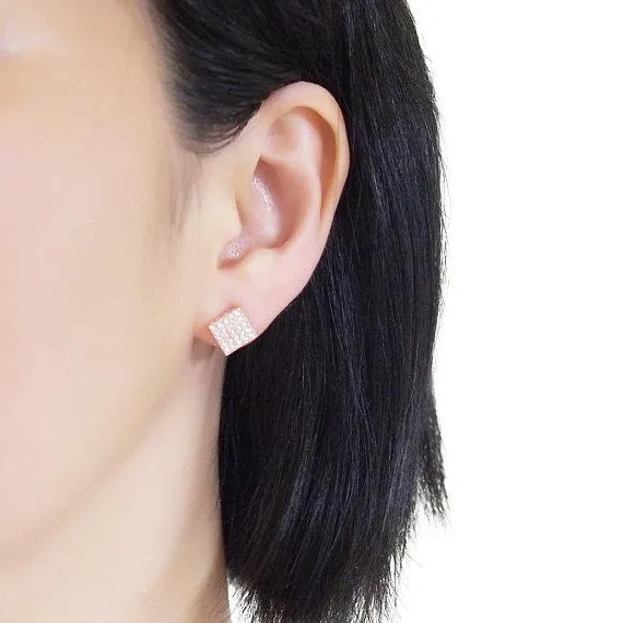 Square Swarovski Crystal Rhinestone Pave Invisible Clip On Stud Earrings ( Rose gold tone )