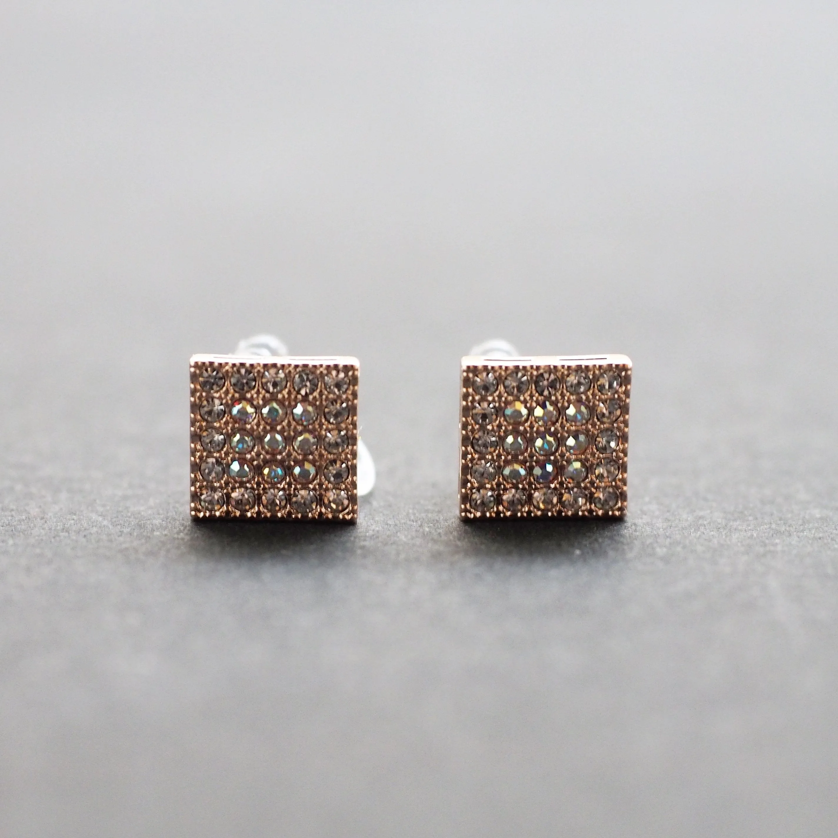 Square Swarovski Crystal Rhinestone Pave Invisible Clip On Stud Earrings ( Rose gold tone )