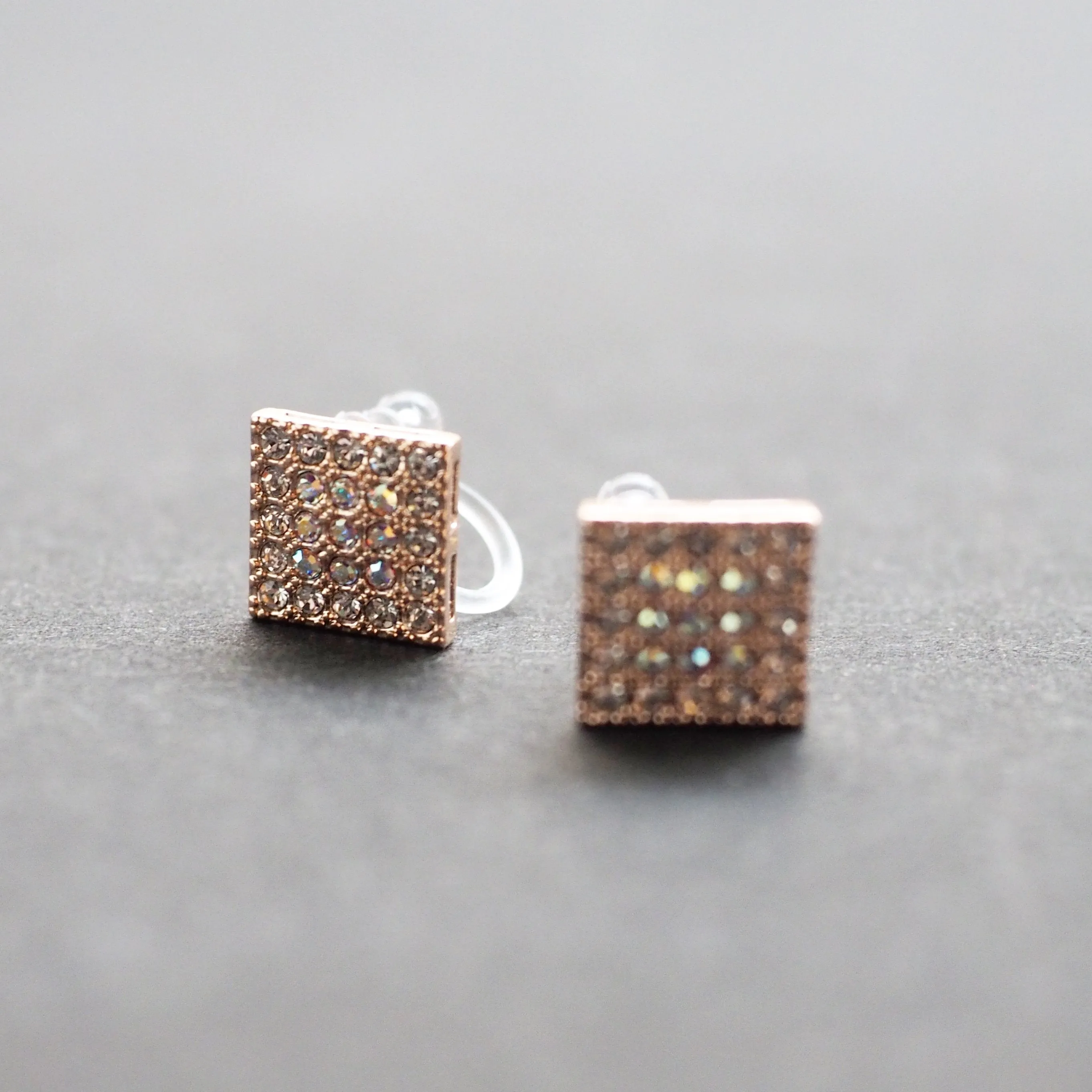 Square Swarovski Crystal Rhinestone Pave Invisible Clip On Stud Earrings ( Rose gold tone )