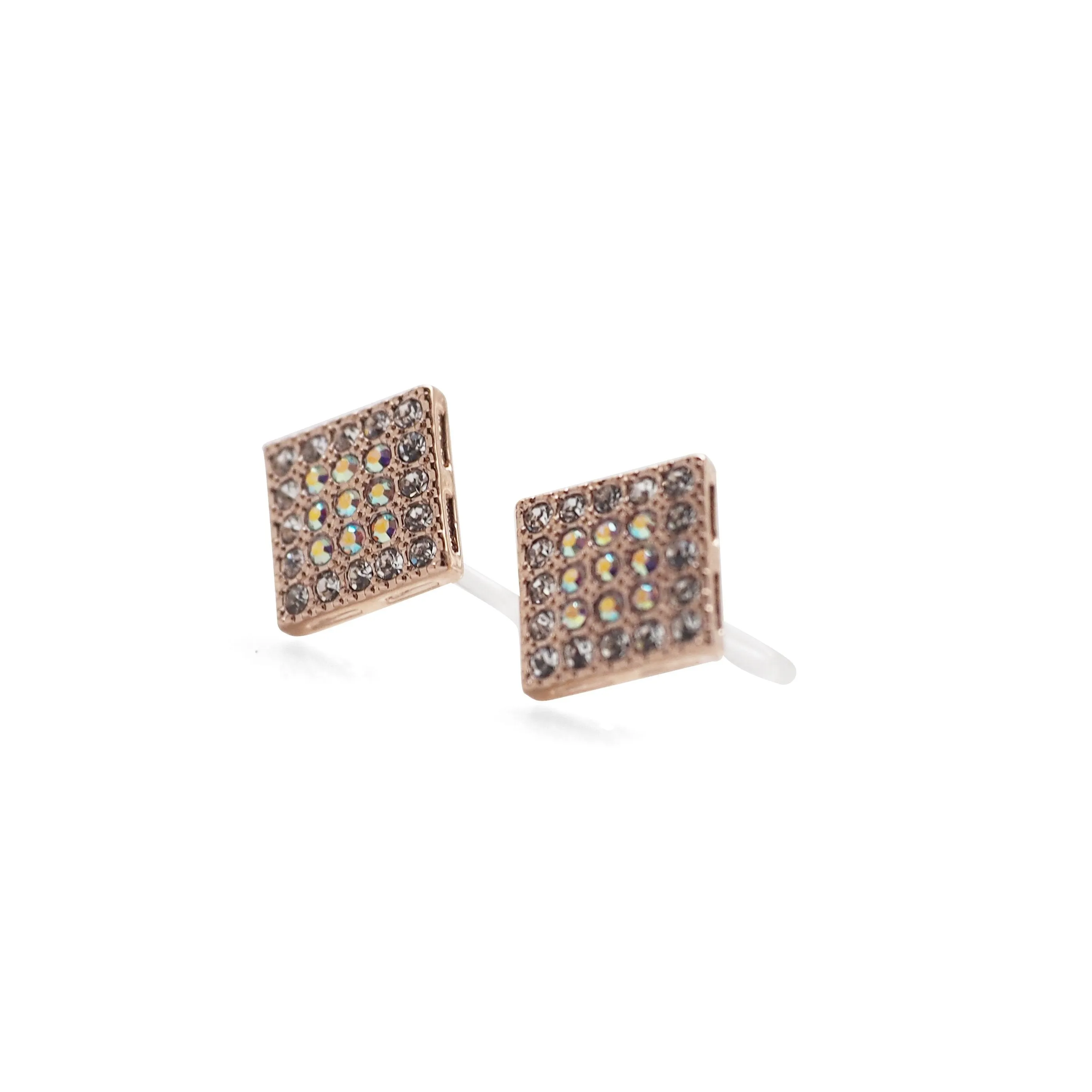 Square Swarovski Crystal Rhinestone Pave Invisible Clip On Stud Earrings ( Rose gold tone )