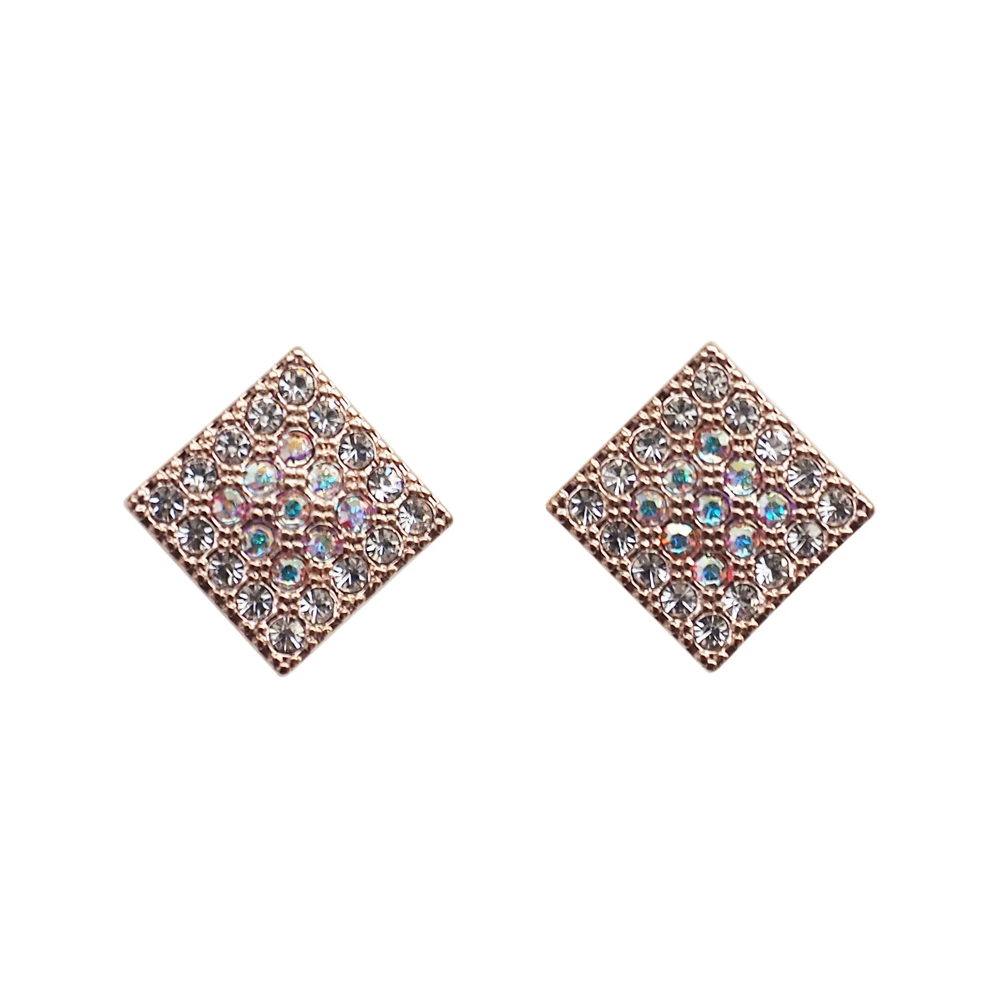Square Swarovski Crystal Rhinestone Pave Invisible Clip On Stud Earrings ( Rose gold tone )