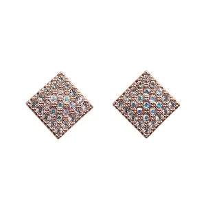 Square Swarovski Crystal Rhinestone Pave Invisible Clip On Stud Earrings ( Rose gold tone )