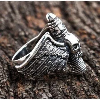 Sterling Silver Goth Skull Wings Ring