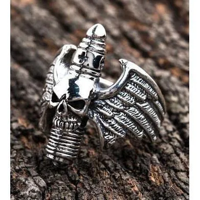 Sterling Silver Goth Skull Wings Ring