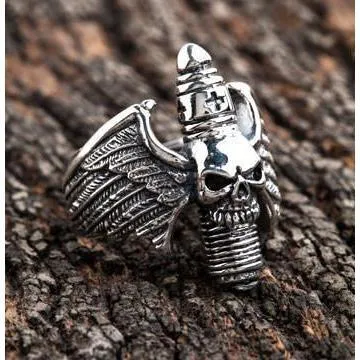 Sterling Silver Goth Skull Wings Ring
