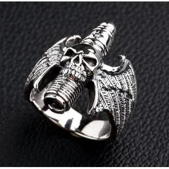 Sterling Silver Goth Skull Wings Ring