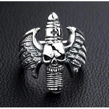 Sterling Silver Goth Skull Wings Ring