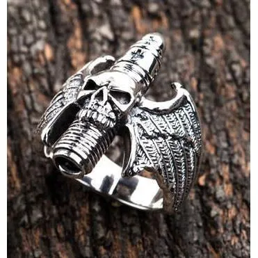 Sterling Silver Goth Skull Wings Ring