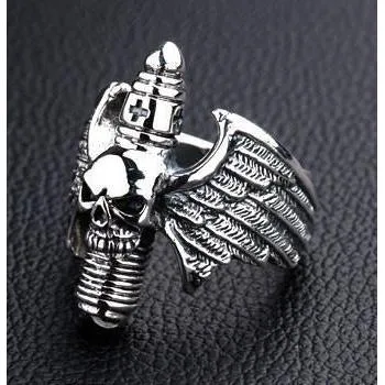 Sterling Silver Goth Skull Wings Ring