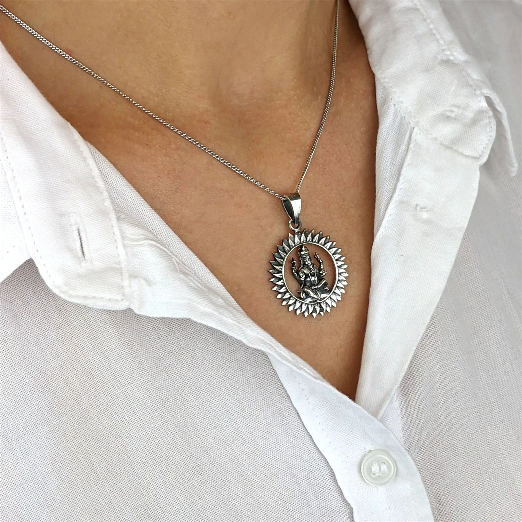 Sterling Silver Lord Ganesha In Surya Mandala Pendant - Sitting Idol Necklace