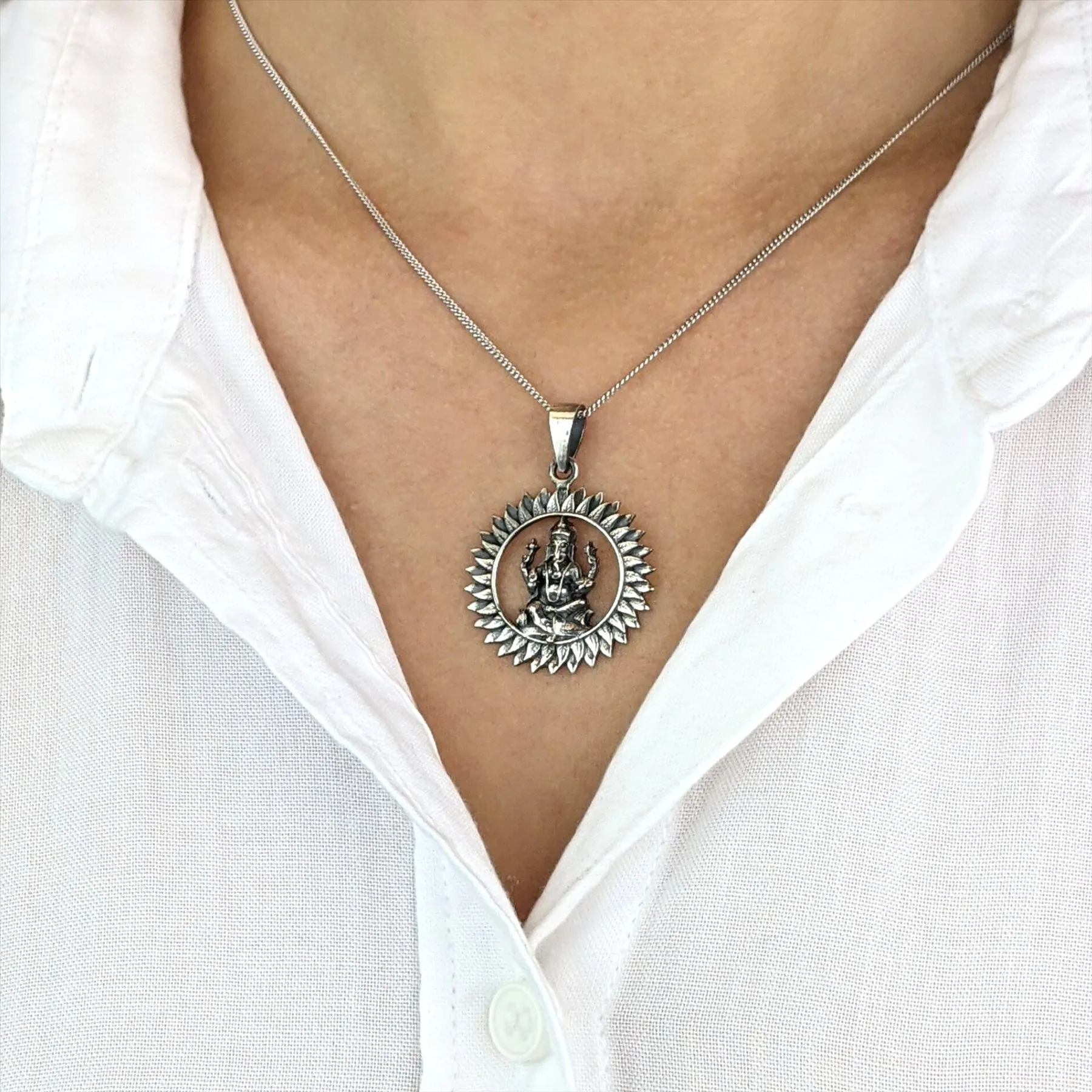 Sterling Silver Lord Ganesha In Surya Mandala Pendant - Sitting Idol Necklace