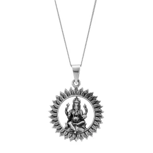 Sterling Silver Lord Ganesha In Surya Mandala Pendant - Sitting Idol Necklace