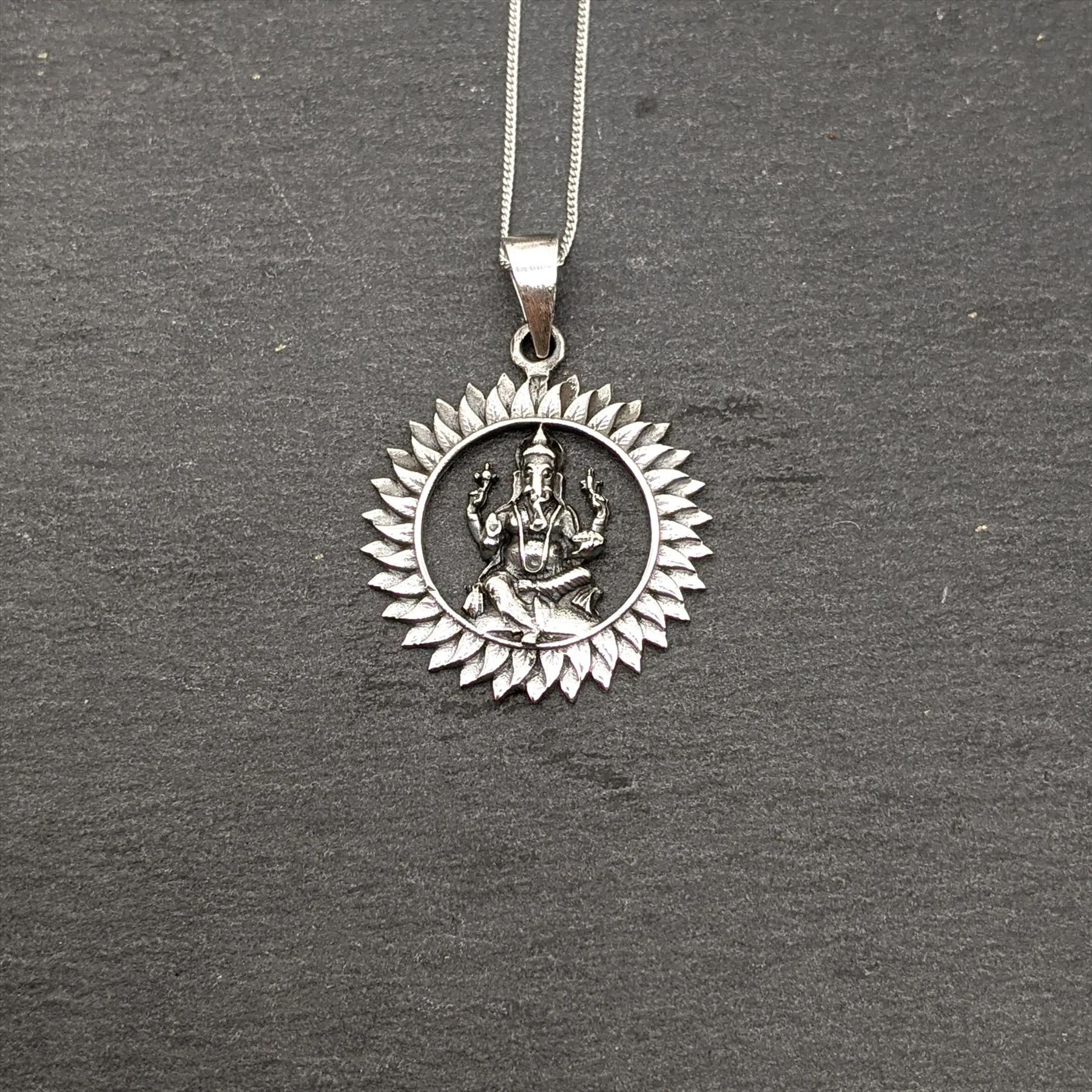 Sterling Silver Lord Ganesha In Surya Mandala Pendant - Sitting Idol Necklace