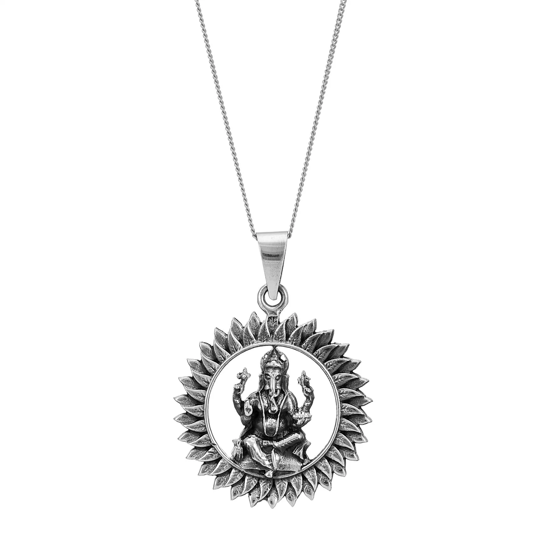 Sterling Silver Lord Ganesha In Surya Mandala Pendant - Sitting Idol Necklace