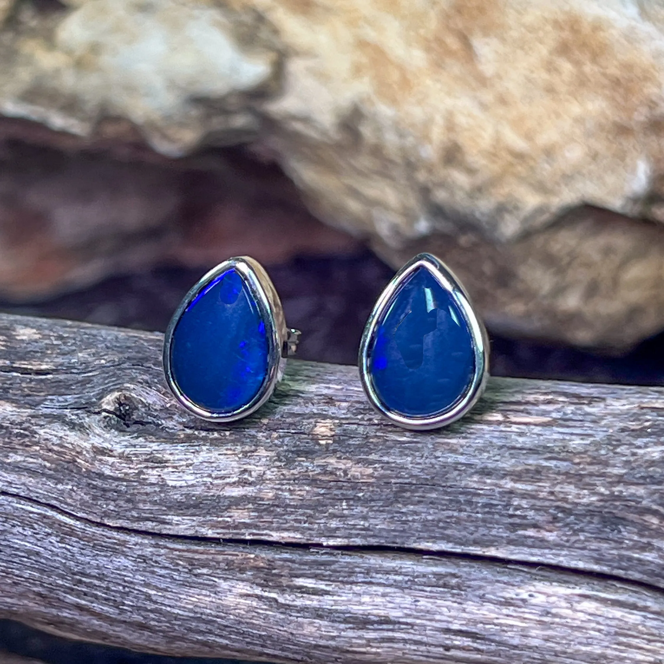 Sterling Silver Pear shape Black Blue Opal studs