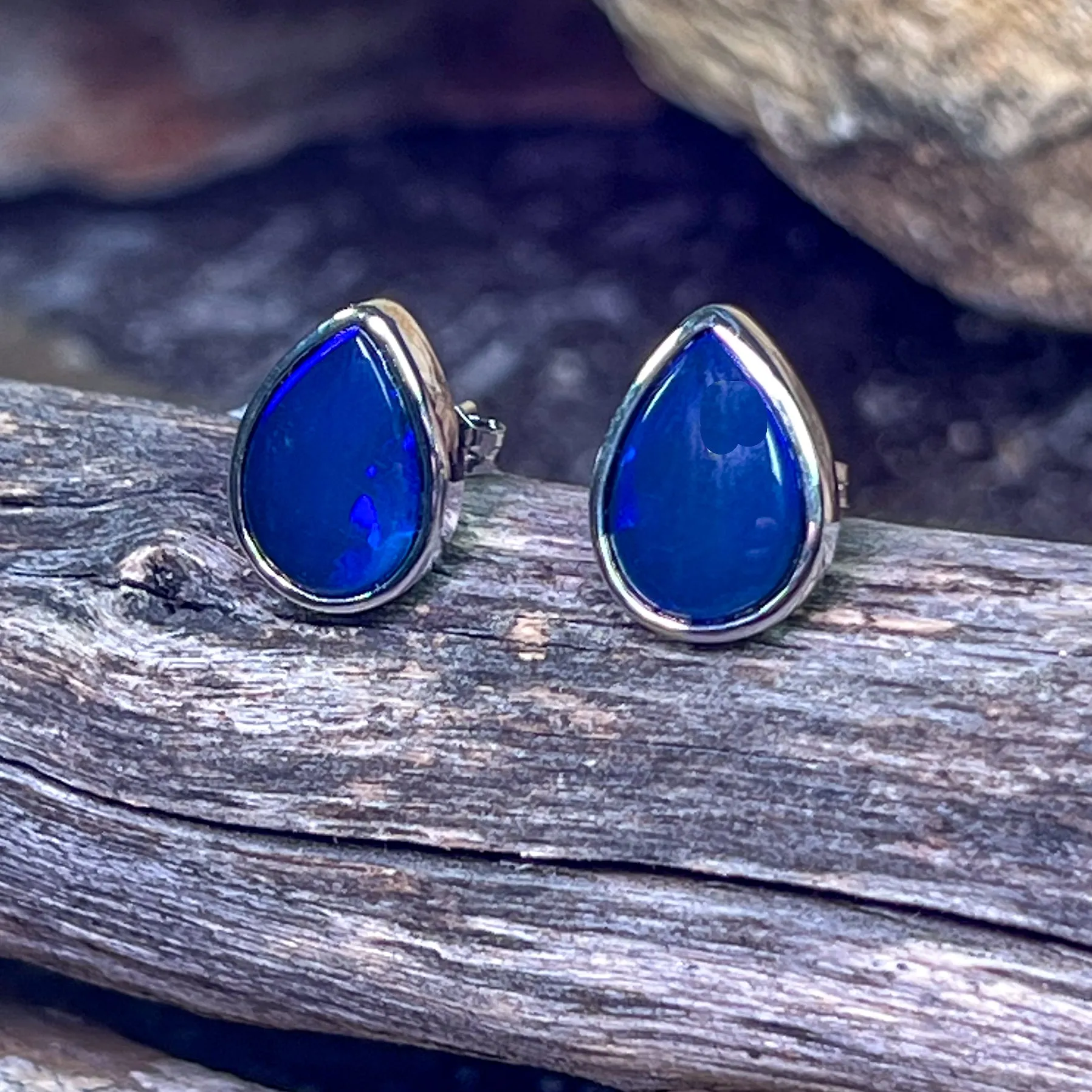 Sterling Silver Pear shape Black Blue Opal studs