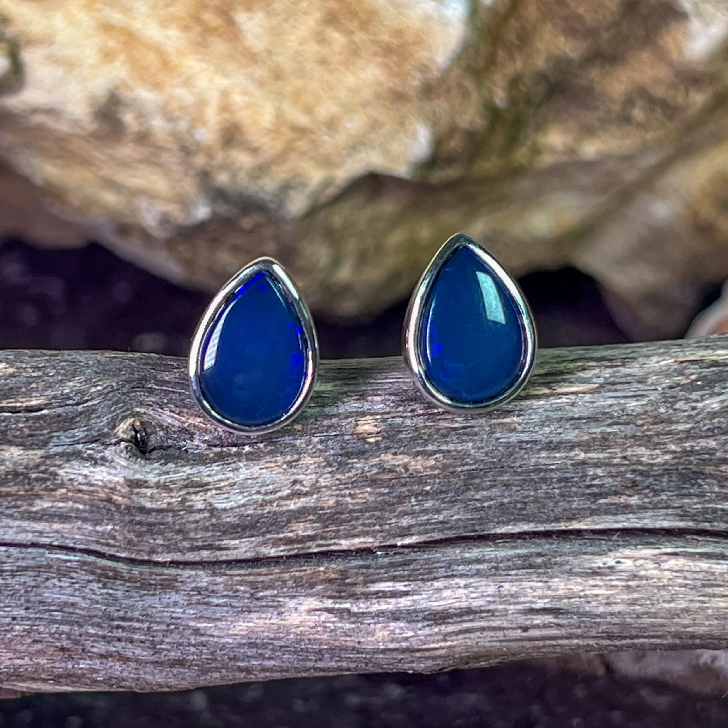 Sterling Silver Pear shape Black Blue Opal studs