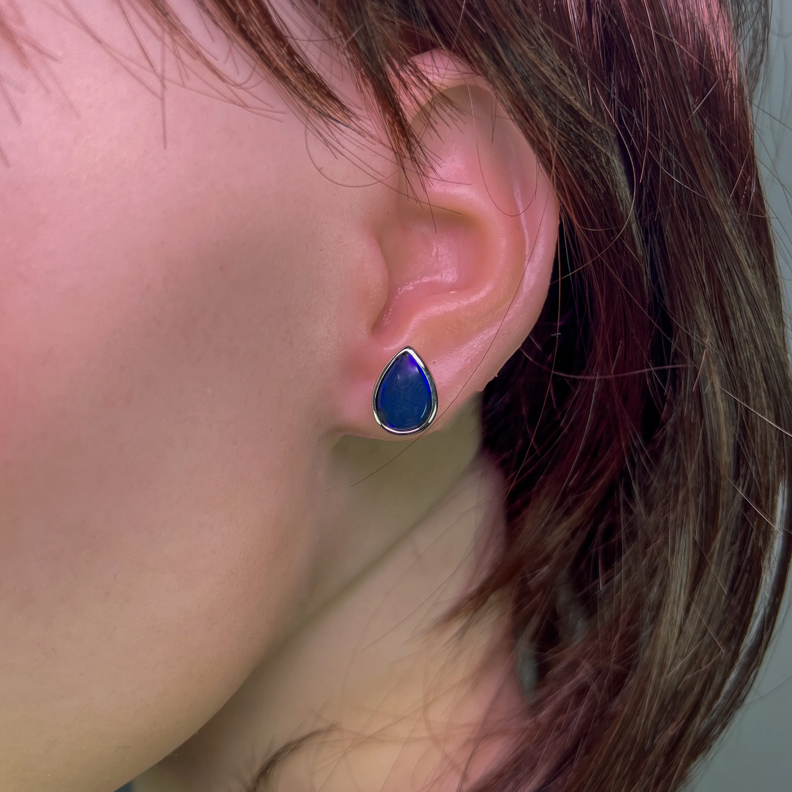 Sterling Silver Pear shape Black Blue Opal studs