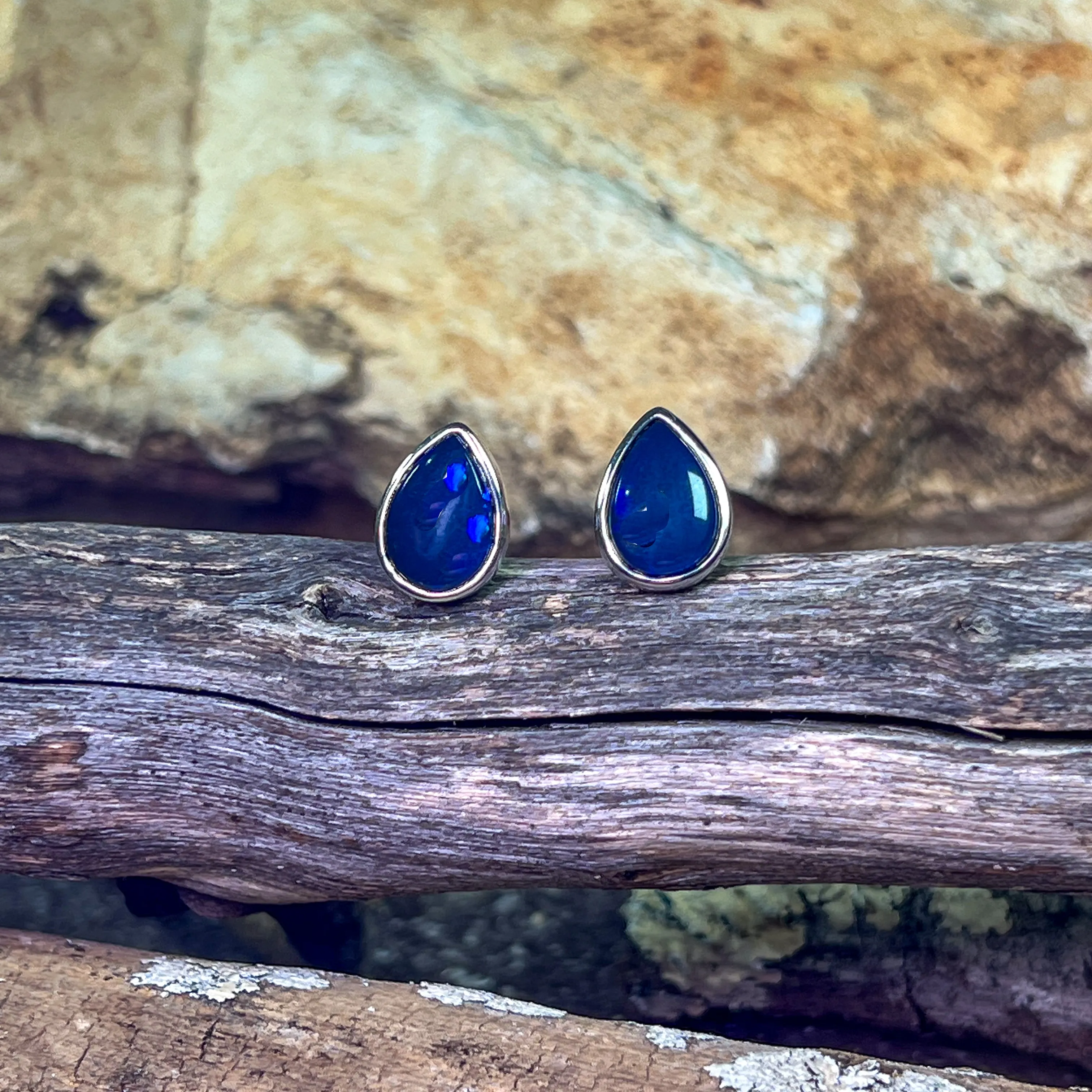 Sterling Silver Pear shape Black Blue Opal studs