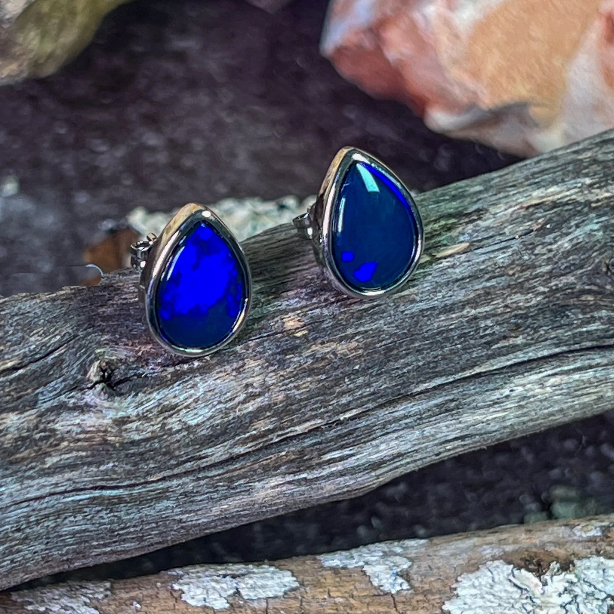 Sterling Silver Pear shape Black Blue Opal studs