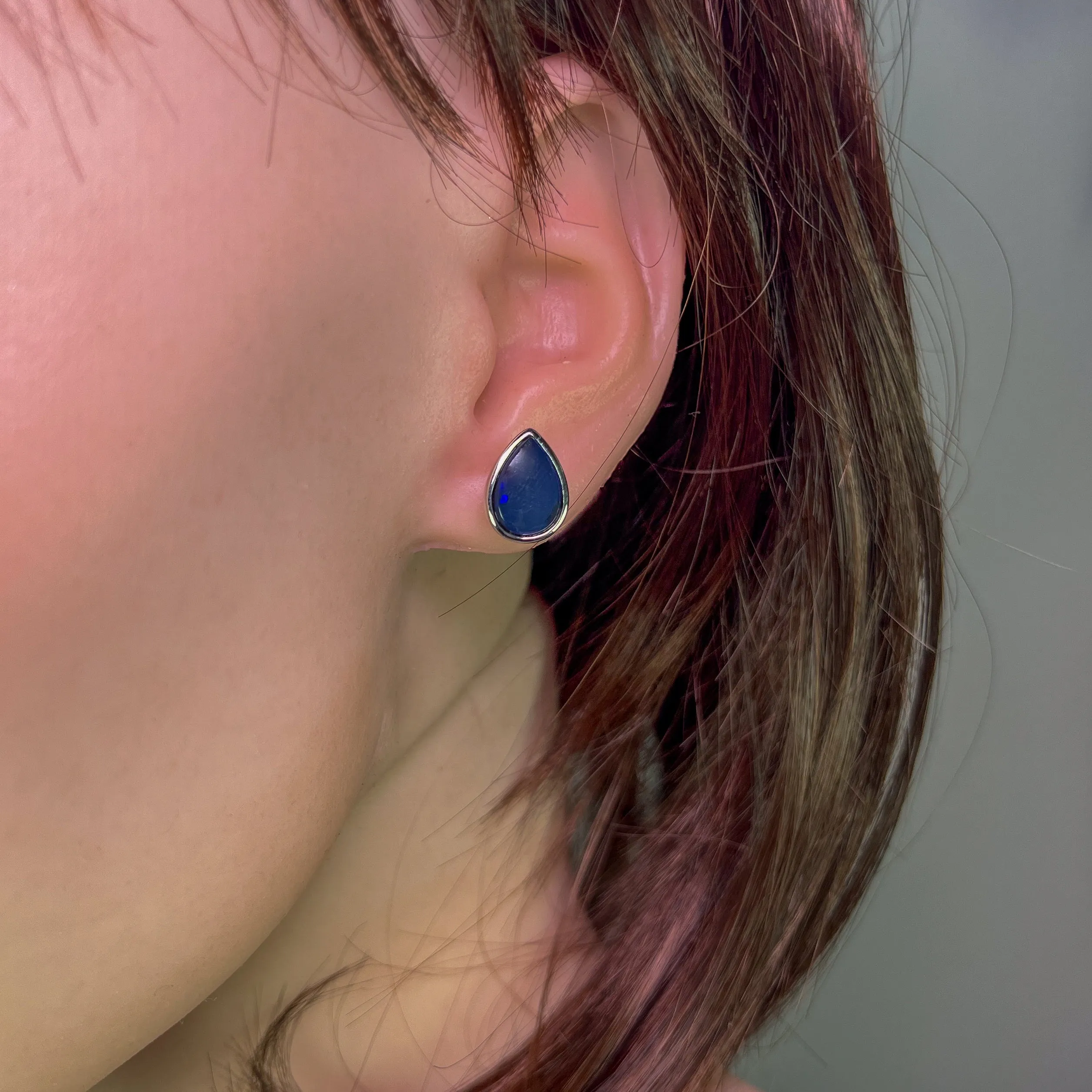 Sterling Silver Pear shape Black Blue Opal studs