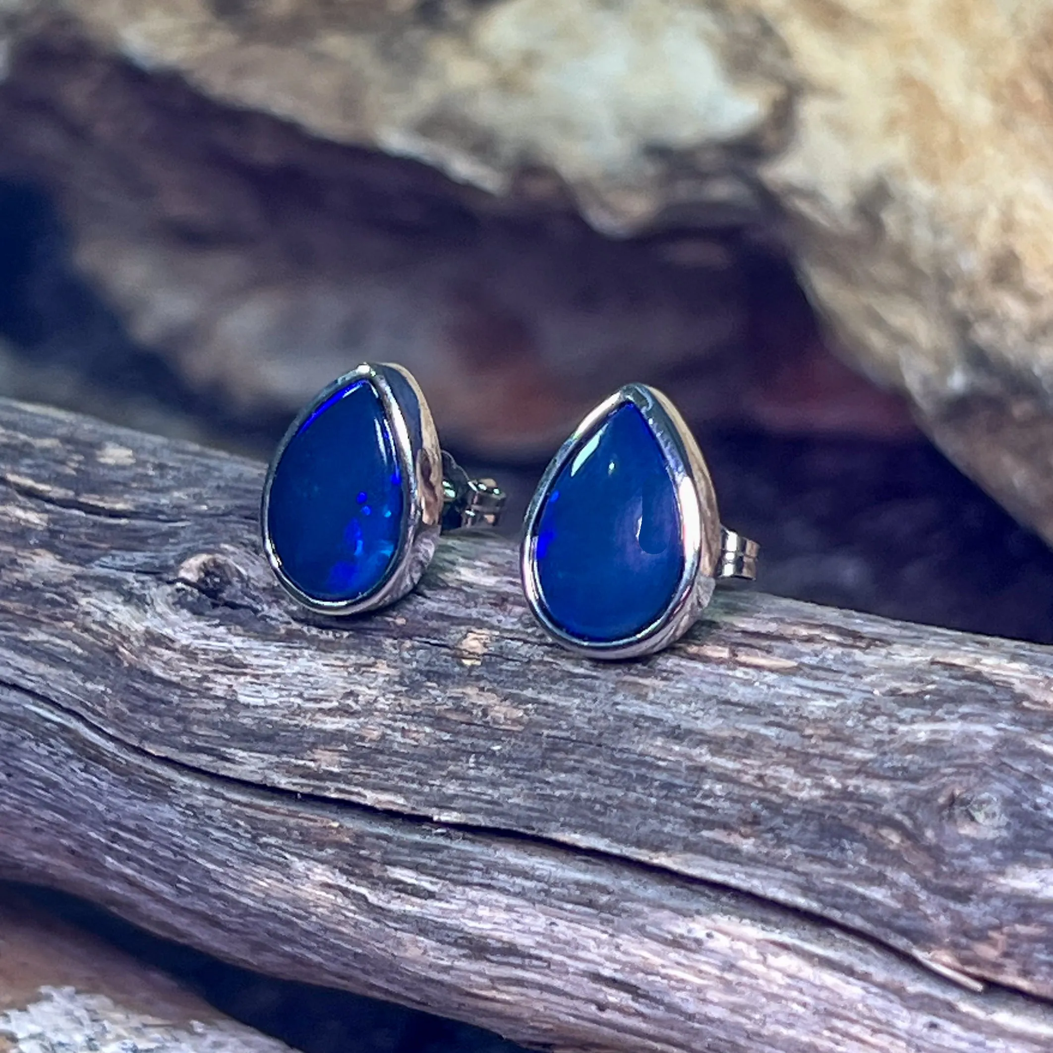 Sterling Silver Pear shape Black Blue Opal studs