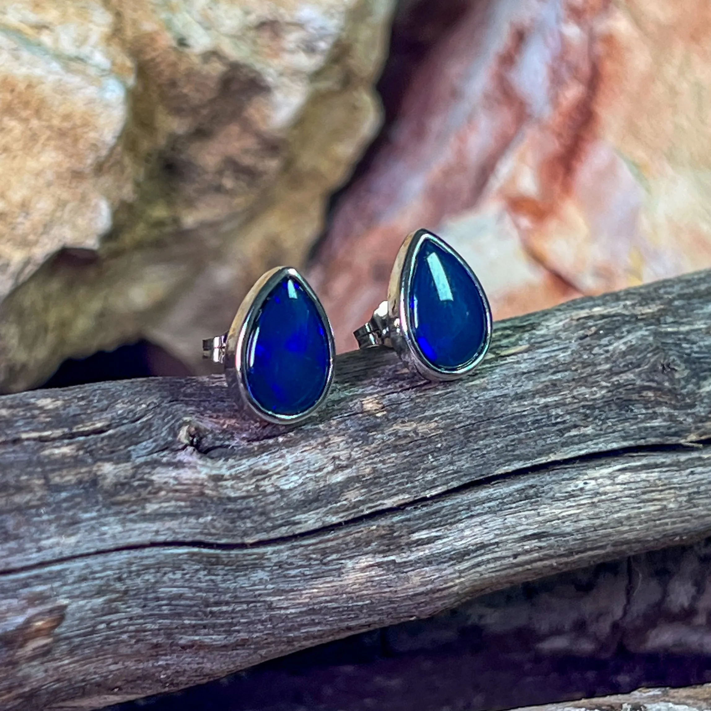 Sterling Silver Pear shape Black Blue Opal studs