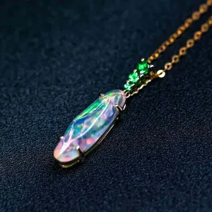 Stunning 18K Yellow Gold Pendant Necklace with Fire Opal & Tsavorite