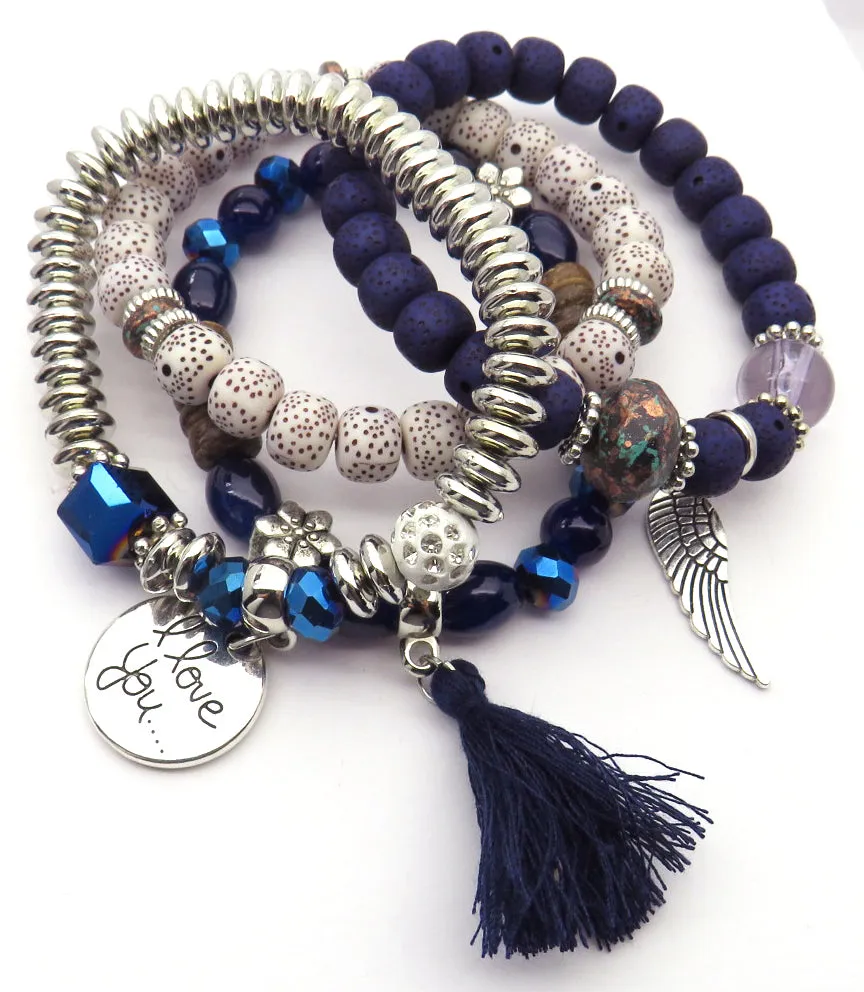 Tassel Love Bracelet Set, 4pc, Blue