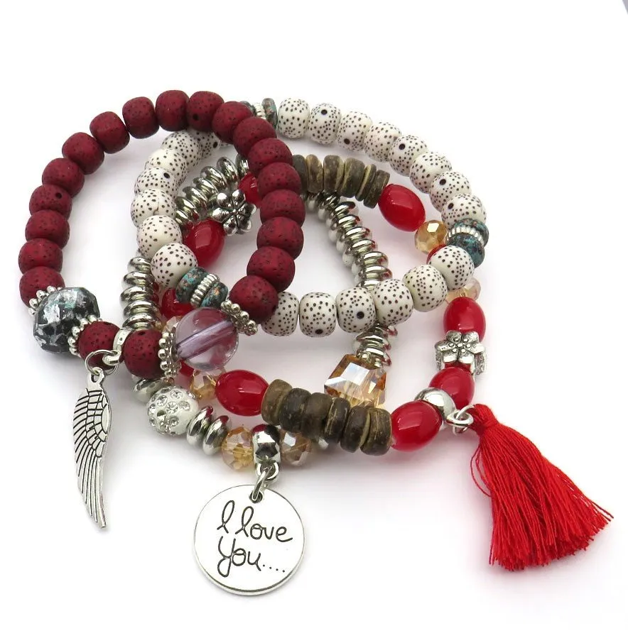 Tassel Love Bracelet Set, 4pc, Red