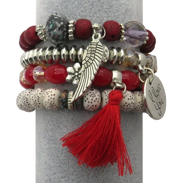 Tassel Love Bracelet Set, 4pc, Red