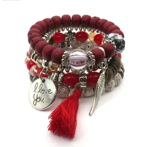 Tassel Love Bracelet Set, 4pc, Red