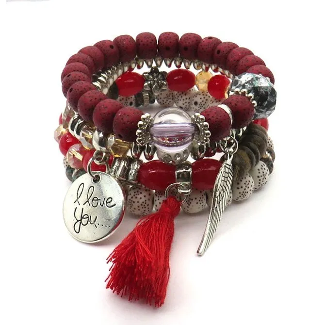 Tassel Love Bracelet Set, 4pc, Red