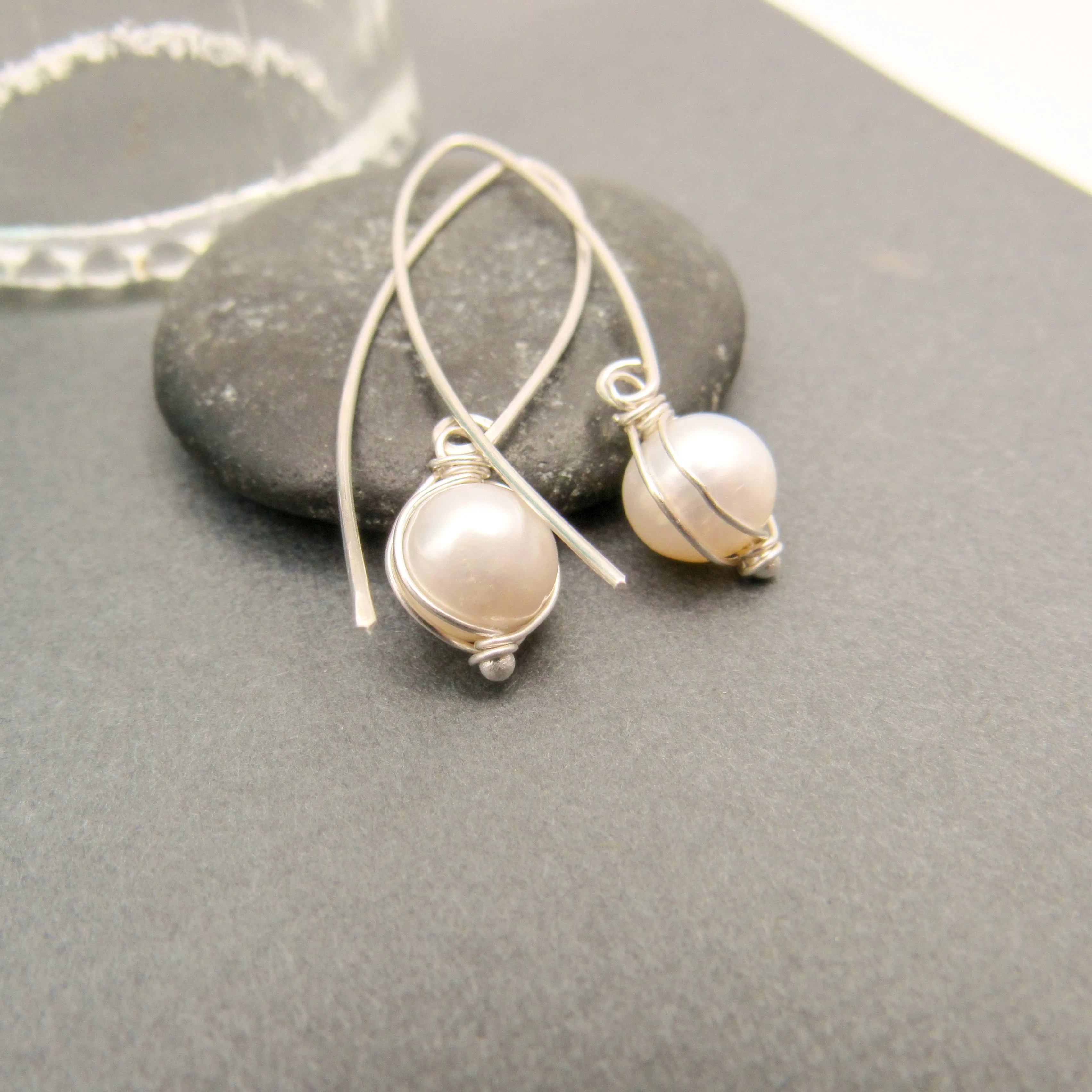 Threader Style White Pearl Earrings