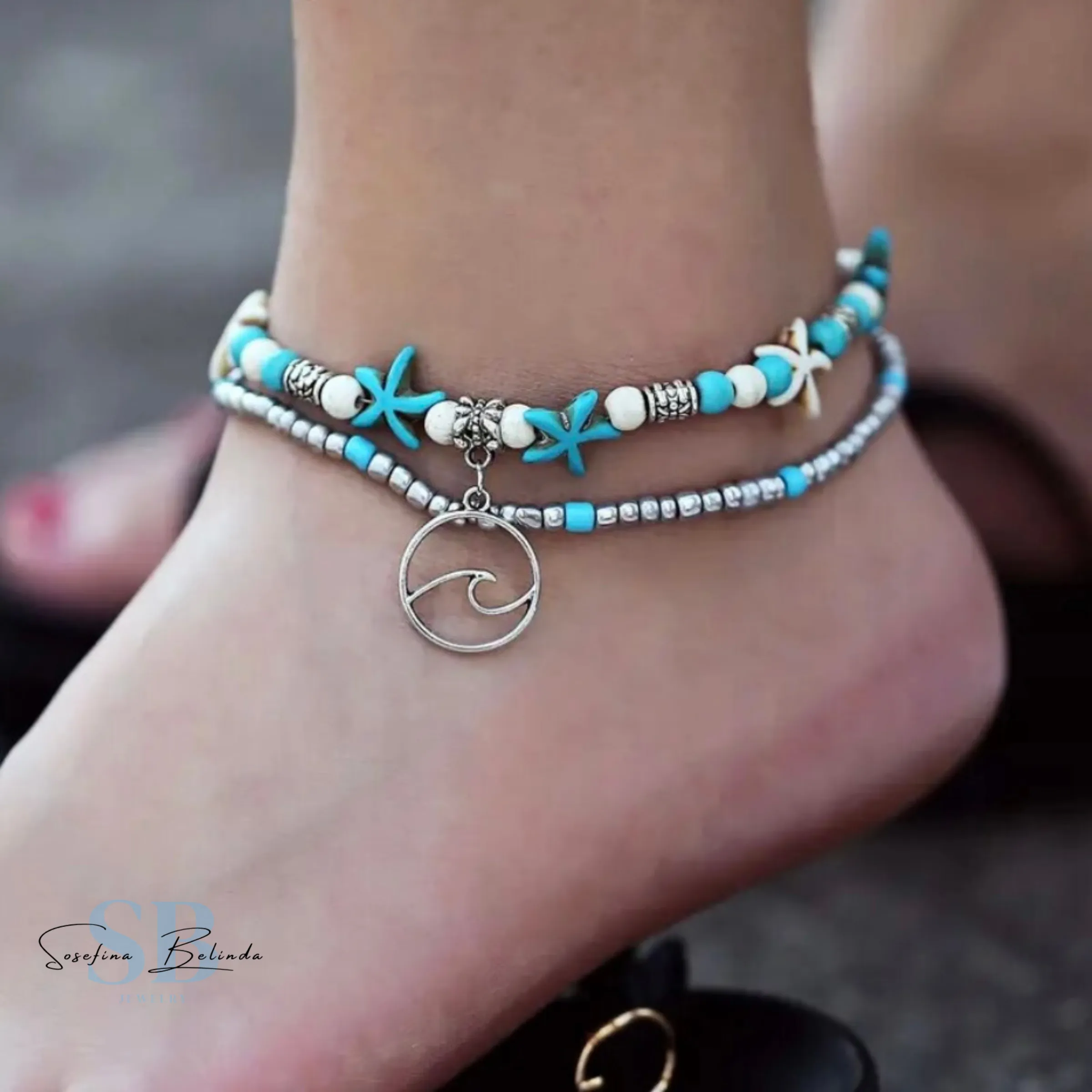 Turquoise, White and Silver Starfish and Ocean Wave Ankle Bracelet Set