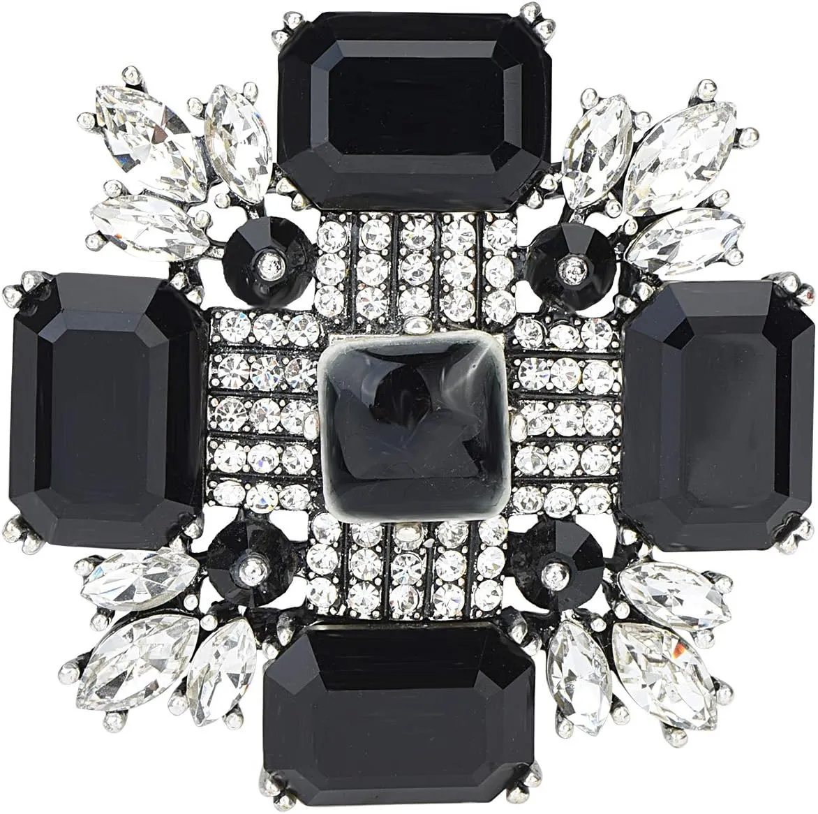 Vintage Crystal Cross Flower Big Large Brooch Pin Wedding Blooming Wreath Brooch Jewelry For Women Girls (Black Red)