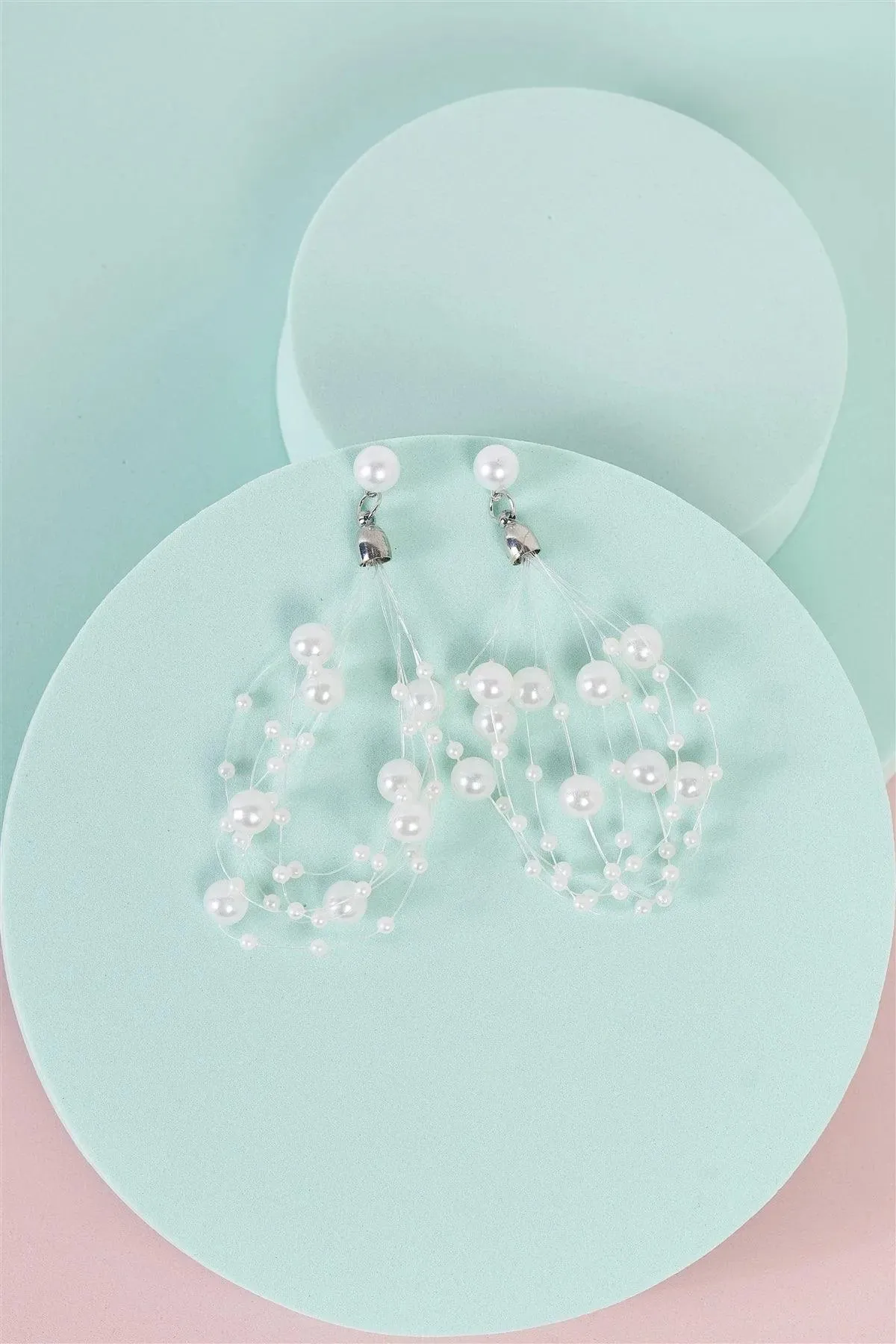 White Faux Pearl Chunky Lace String Layered Earrings