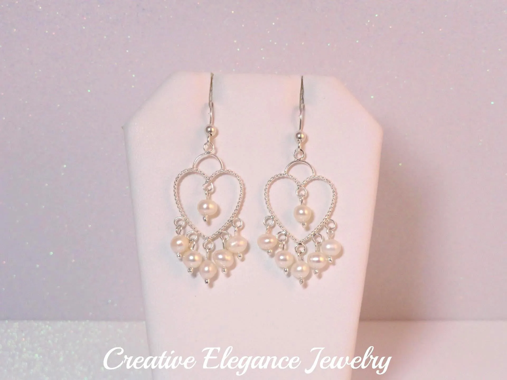 White Fresh Water Pearl, Dangle Heart Earrings, set in 92.5 Sterling Silver