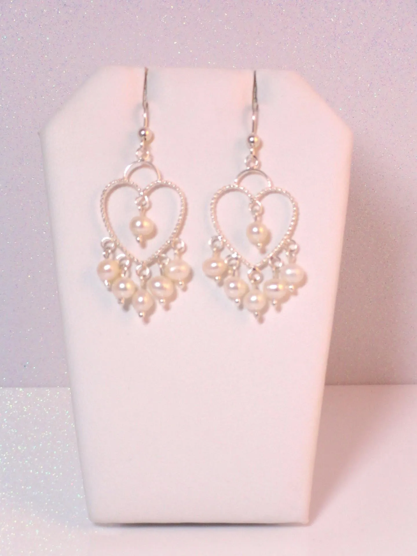 White Fresh Water Pearl, Dangle Heart Earrings, set in 92.5 Sterling Silver