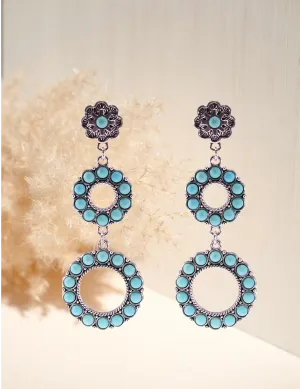 Wonderent Small Turquoise Elegant Bohemian Dangle Metal Double Circle Earrings.