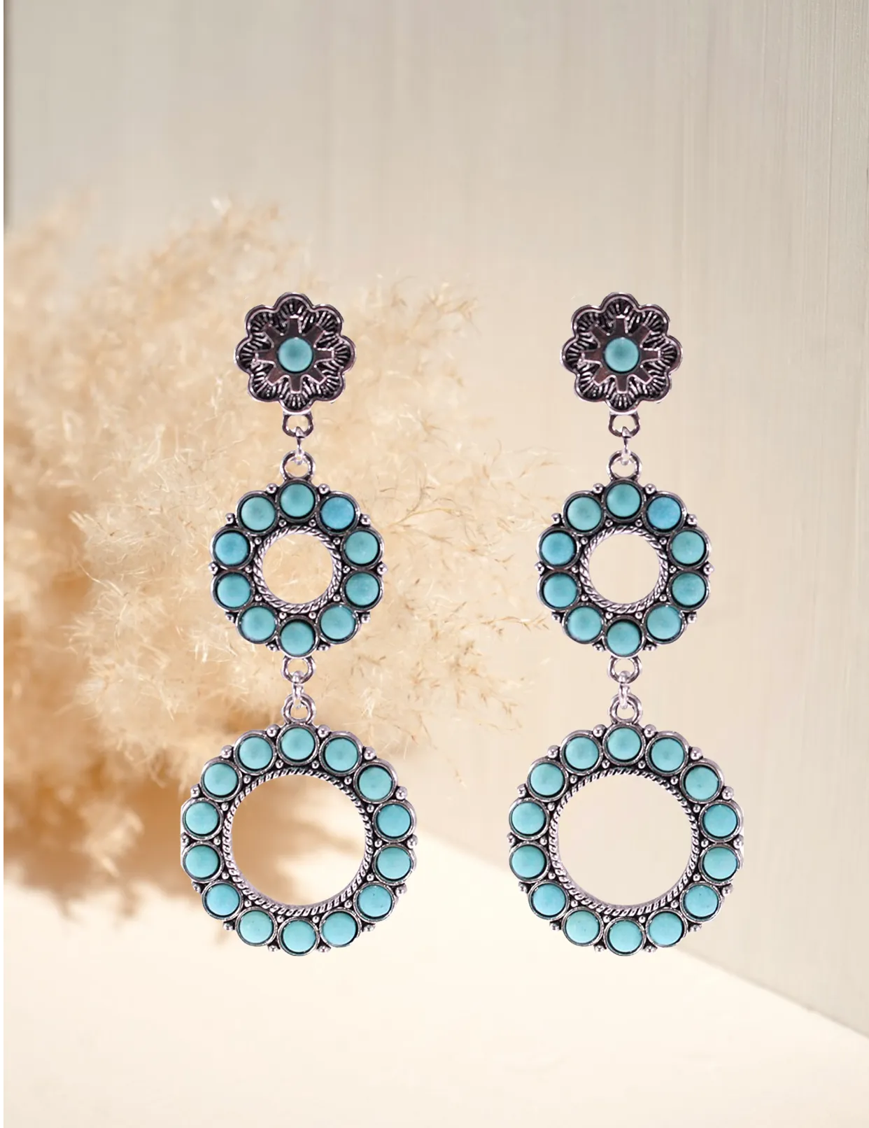 Wonderent Small Turquoise Elegant Bohemian Dangle Metal Double Circle Earrings.