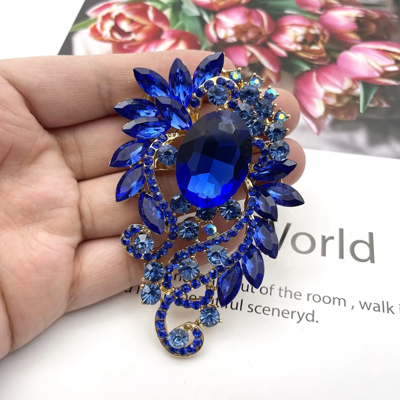 YOQUCOL Vintage Blue Austrian Crystal Rhinestone Leaf Shape Big Large Brooch Pin for Women Girls