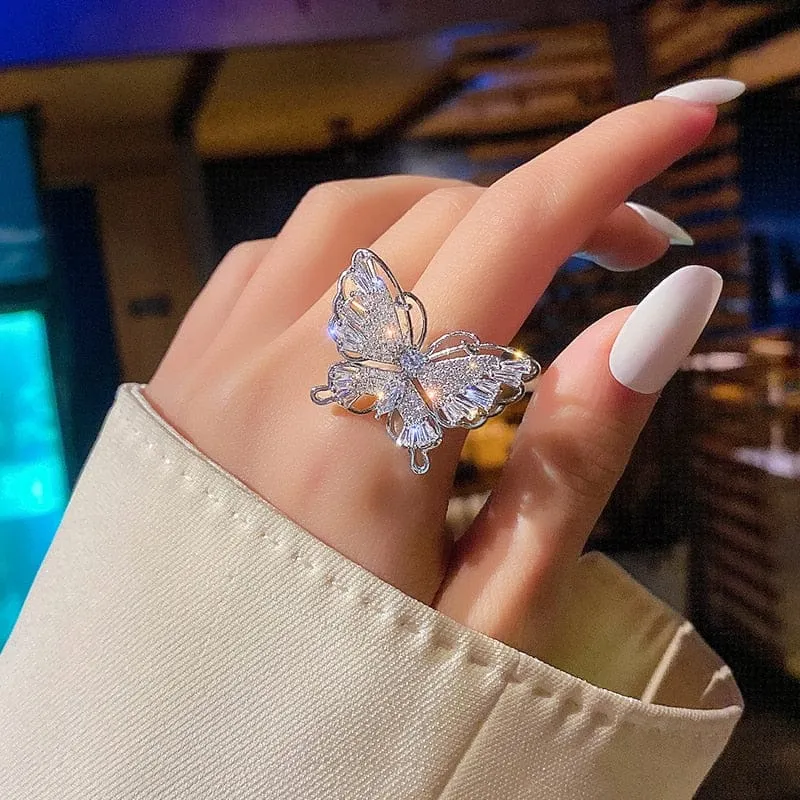 Zircon Butterfly Ring Luxury Shiny Cocktail Party Rings For Women